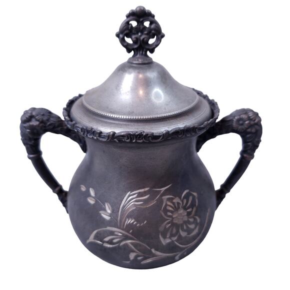 Antique Silverplate Etched Spooner Sugar Creamer 4pc Set Engraved Vintage Decor - Picture 2 of 16